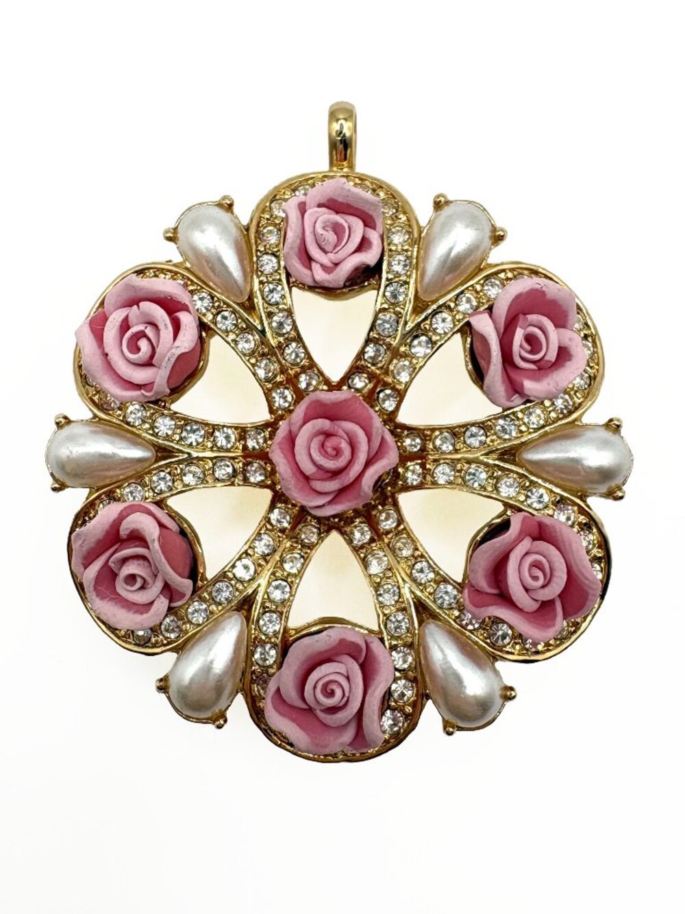 2006 Unsigned Avon Pink Rose Rhinestone Faux Pearl Brooch Pendant